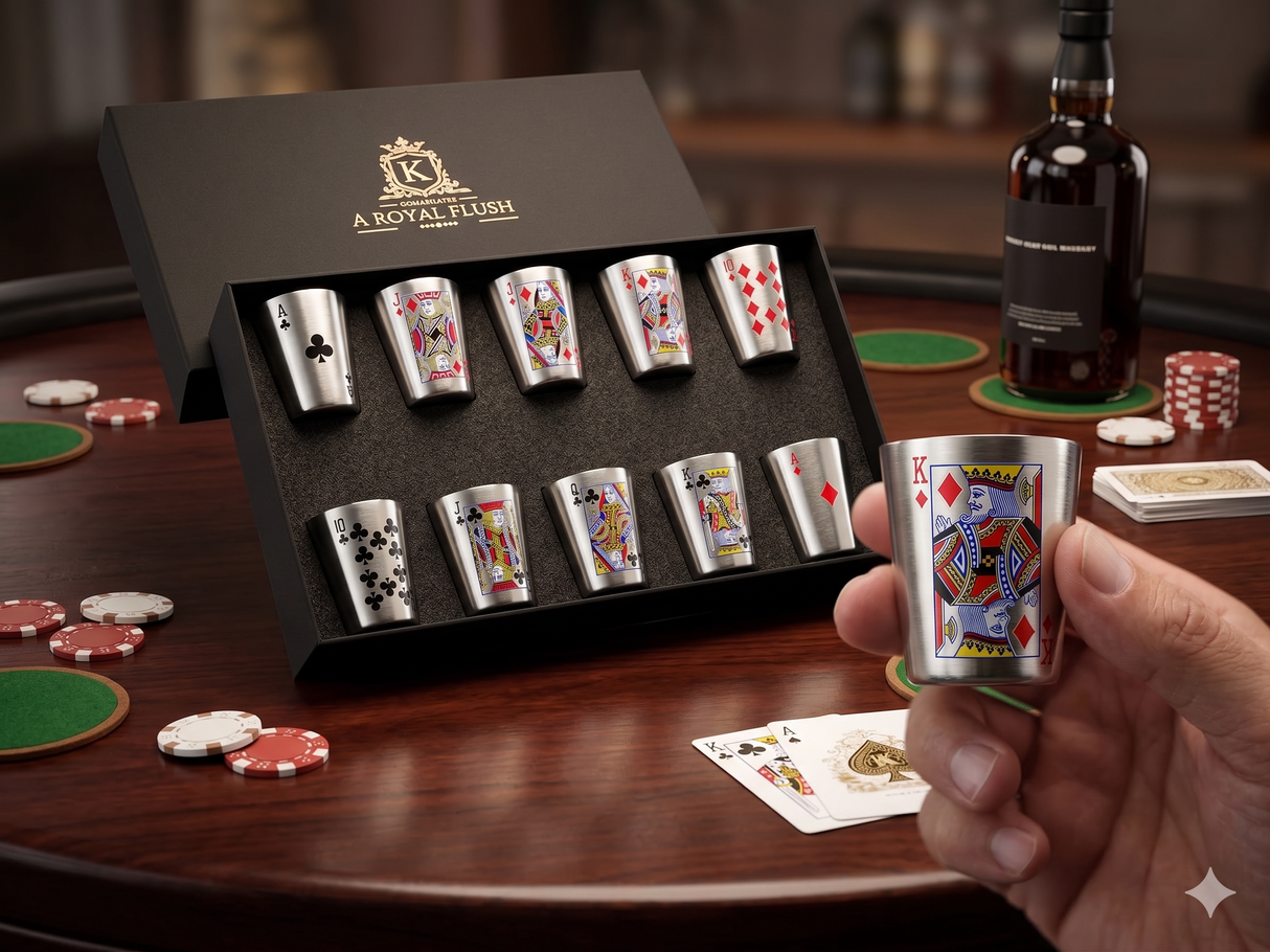 A Royal Flush Premium Stainless Steel Poker Small Shot Glass Set (10-Piece)