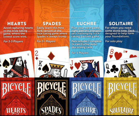 Juegos de bicicletas hechos divertidos paquete de cuatro juegos (corazones, espadas, euchre y solitario)