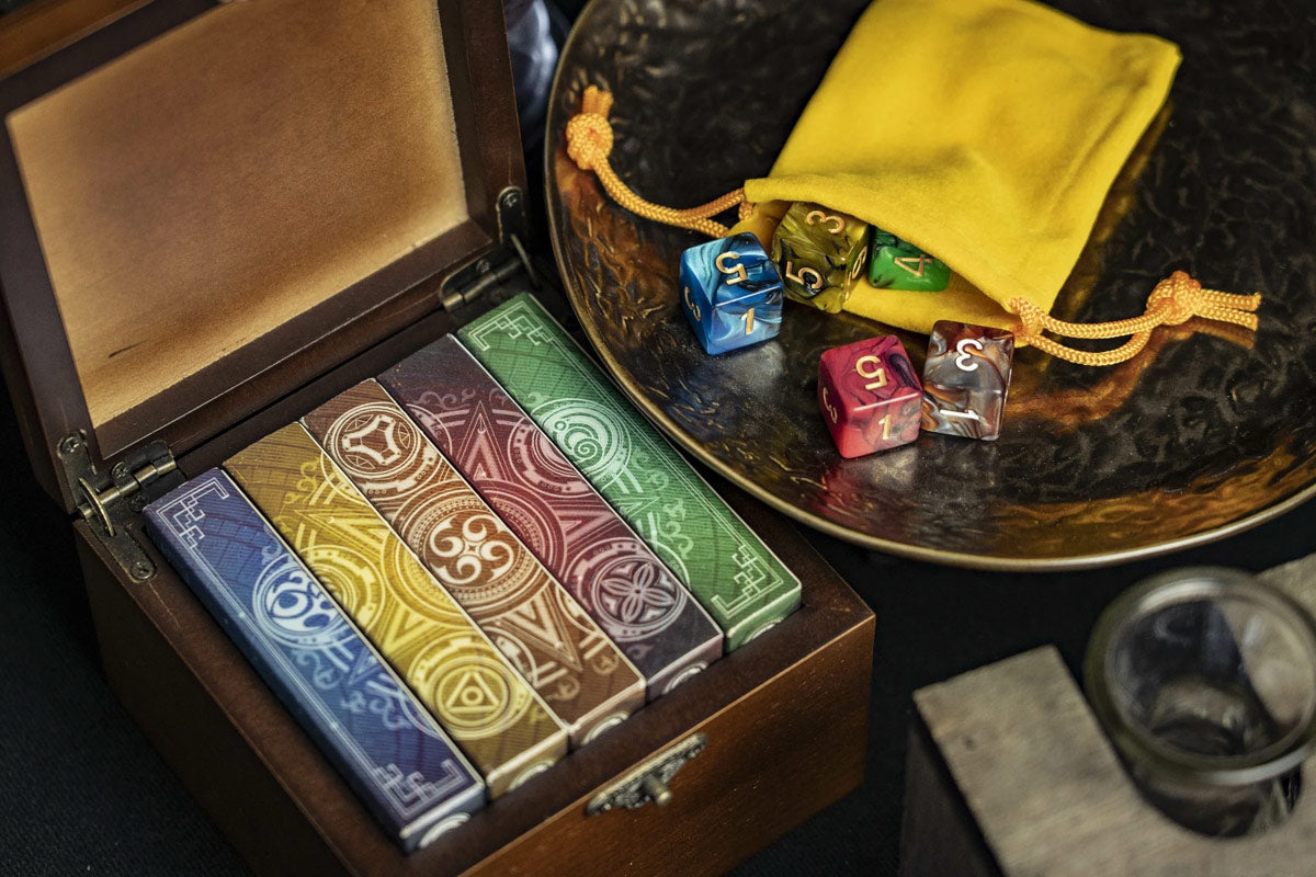 Five Elements Playing Cards Wooden Collection Set with 5 Dice